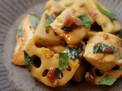 鶏むね肉とレンコンの梅醤油炒め